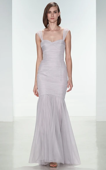 Mermaid Strapped Ruched Tulle Bridesmaid Dress with Ankle-Length Hem