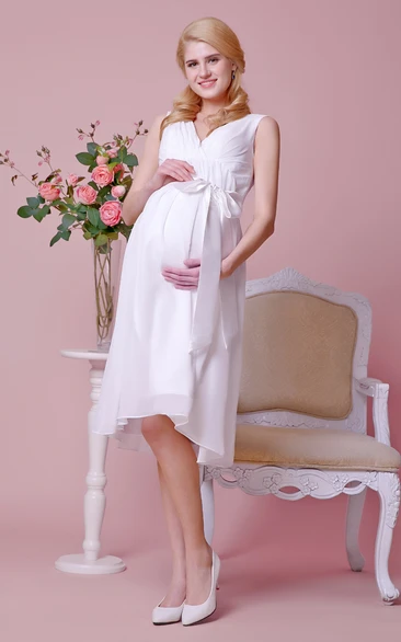 Chiffon Maternity Wedding Dress With Satin Bow Knee Length Wedding Dress