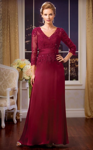 Sequin Applique V-Neck Mother Of The Bride Dress with 3-4 Sleeves Modern Formal Dress