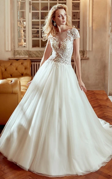 Cap-Sleeve V-Neck A-Line Wedding Dress with Lace Bodice and Illusive Back Classy Bridal Gown