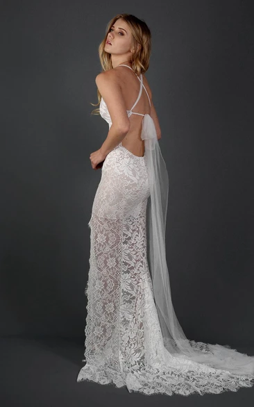 Illusion Halter Lace Wedding Dress with Scalloped Details