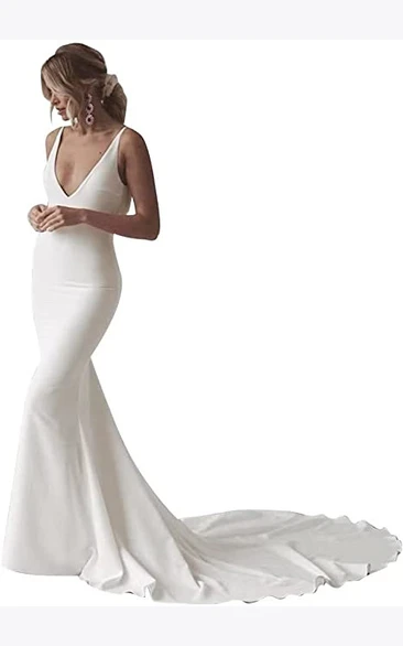 Elegant Satin Mermaid Wedding Dress with V-neck and Open Back