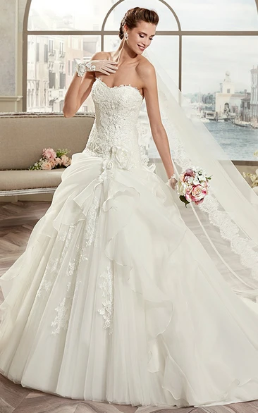 Floral A-Line Wedding Dress with Side Ruffles and Open Back