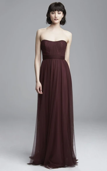 Strapless Ruched Tulle Bridesmaid Dress Floor-Length Sleeveless Sheath