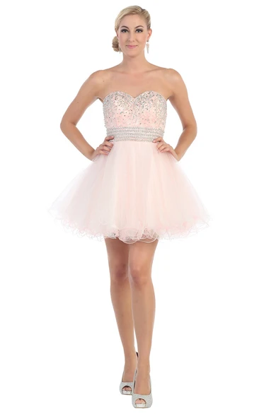 Mini Tulle A-Line Prom Dress with Backless Design and Waist Jewelry