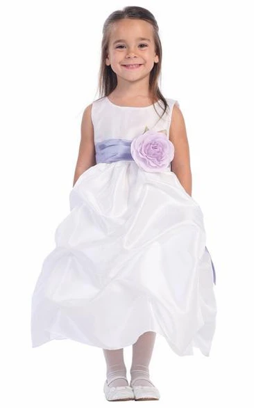 Ruched Taffeta Tea-Length Flower Girl Dress with Sash Unique Prom Dress