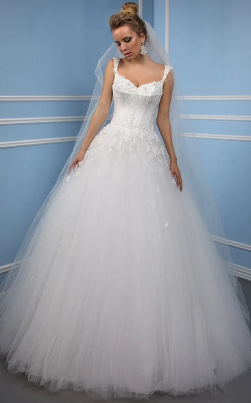 Appliqued Tulle V-Neck Wedding Dress with Low-V Back Ball Gown Style