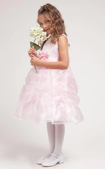 Ruched Tea-Length Organza and Satin Flower Girl Dress with Sash
