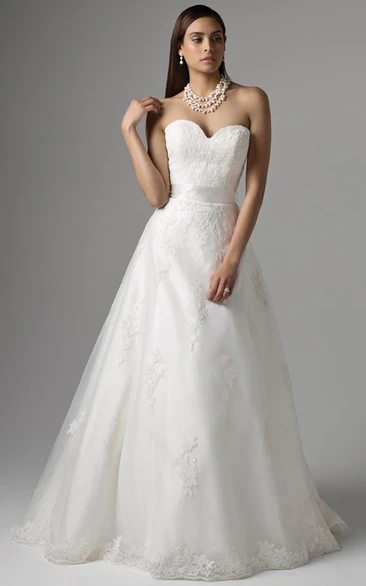 Long Lace Wedding Dress with Appliques and Deep-V Back A-Line Bridal Gown