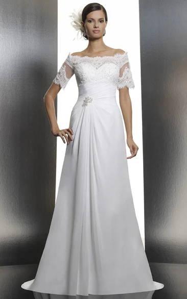 Off-The-Shoulder Chiffon Wedding Dress with Applique and Broach