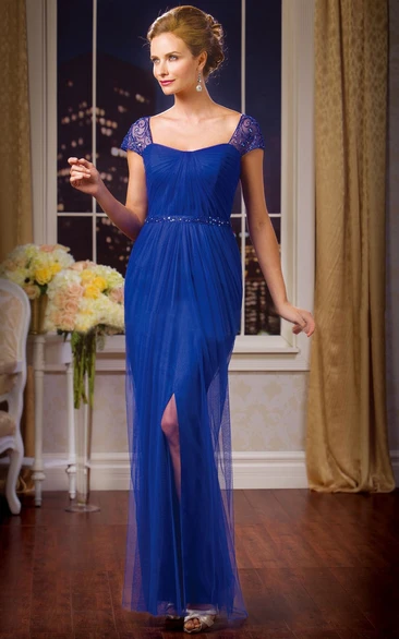 Square-Neck Mother of the Bride Dress with Cap Sleeves Front Slit and Sequins Classy Formal Dress