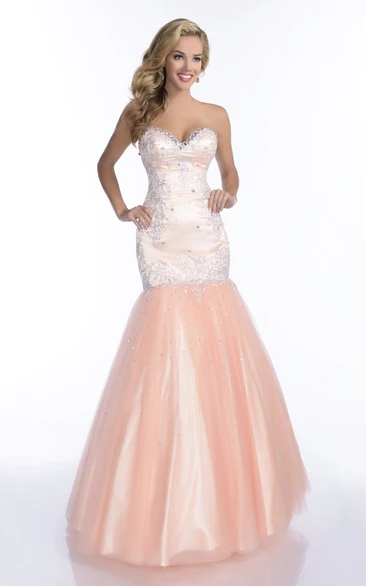Rhinestone Applique Tulle Prom Dress with Mermaid Silhouette and Sweetheart Neckline