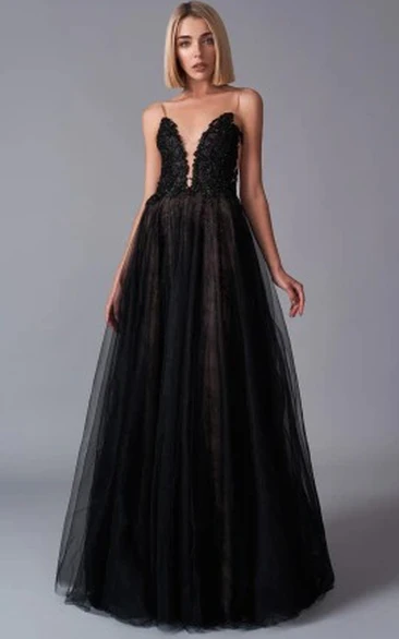 V-neck A Line Tulle Formal Dress with Brush Train and Ruching