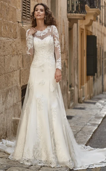 Long-Sleeve Lace Appliqued Scoop-Neck A-Line Wedding Dress Classy Wedding Dress