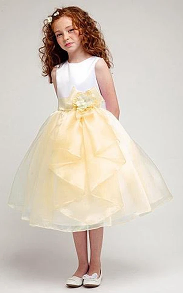 Organza & Satin Split-Front Tea-Length Flower Girl Dress with Bow Chic Dress for Girls