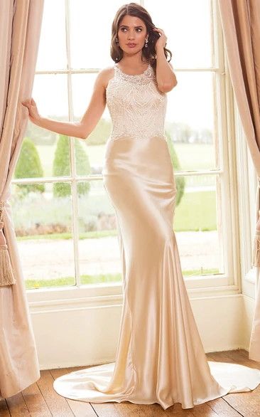 Satin Sleeveless Sheath Wedding Dress with Beading and Straps Elegant Bridal Gown