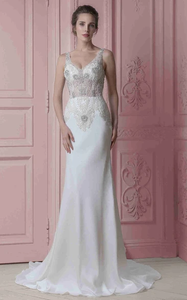 Beaded Sheath V-Neck Wedding Dress Maxi Bridal Gown