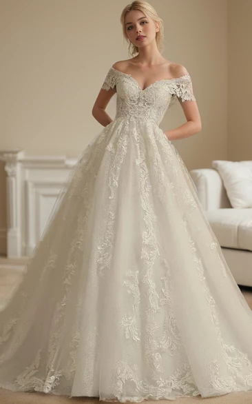 Western Floral Beach Lace A-Line Off-the-Shoulder Ball Gown Wedding Dress with Tied Back and Court Train