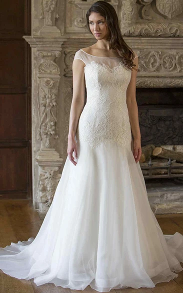 Floor-Length Lace A-Line Wedding Dress with V Back and Cap-Sleeves Chic Bridal Gown