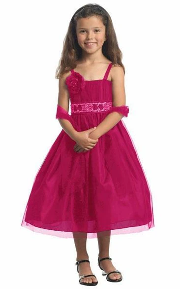 Sequin Bow Tea-Length Spaghetti Dress Cute Flower Girl Dress with Cape