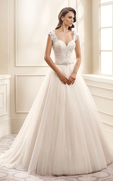 Cap-Sleeve A-Line Lace&Tulle Wedding Dress with Waist Jewelry Unique Bridal Gown