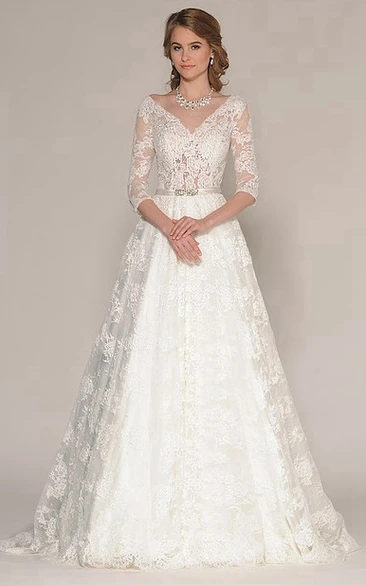 Lace V-Neck A-Line Wedding Dress with Appliques and 3/4 Sleeves