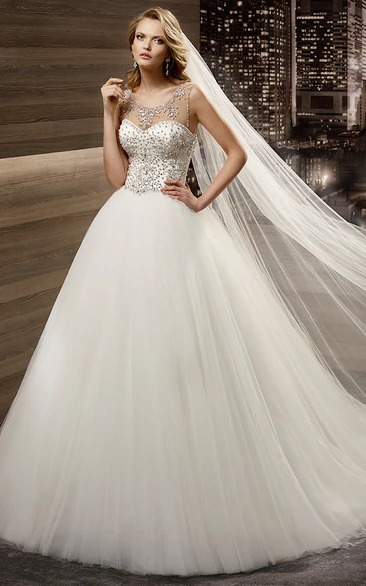 Beaded Cap-Sleeve A-Line Wedding Dress with Brush Train