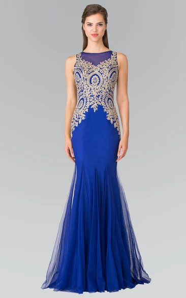 Illusion Trumpet Tulle Formal Dress with Appliques and Beading