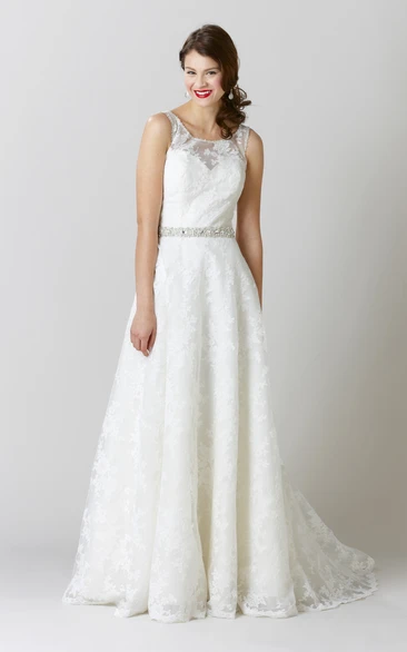 Bateau Lace A-Line Wedding Dress with Low-V Back Sleeveless