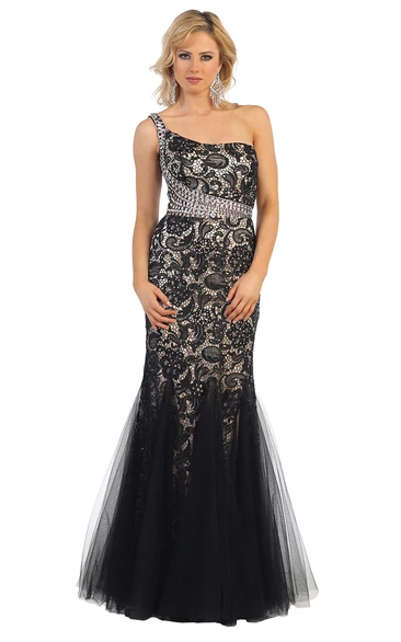 One-Shoulder Sleeveless Tulle Dress with Lace and Beading Mermaid Prom Dress