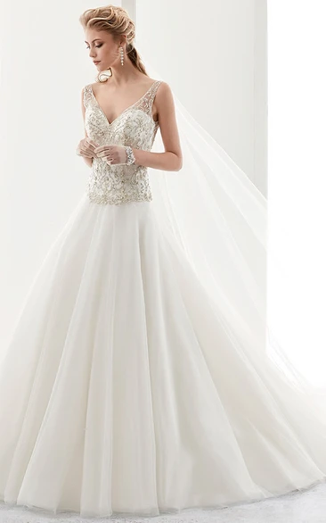 Sequin V-Neck A-Line Wedding Dress with Brush Train and Low-V Back