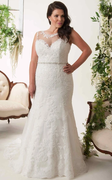 Sheath Scoop-Neck Appliqued Floor-Length Lace Plus Size Wedding Dress Chic Lace Wedding Dress