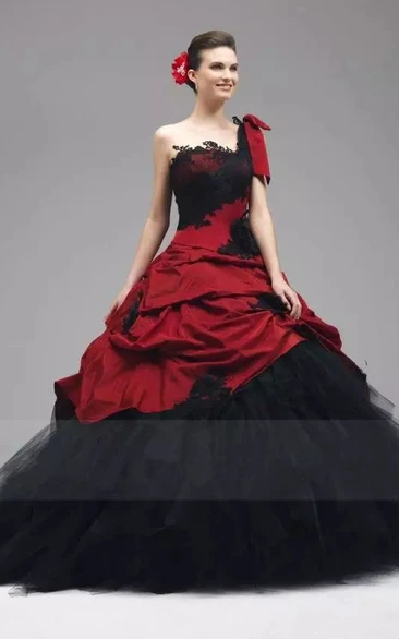 One-shoulder Ball Gown Taffeta Tulle Wedding Dress with Appliques and Ruffles Floor-length