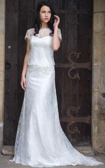 Beaded Lace Sheath Wedding Dress with T-Shirt Sleeves and Bateau Neckline