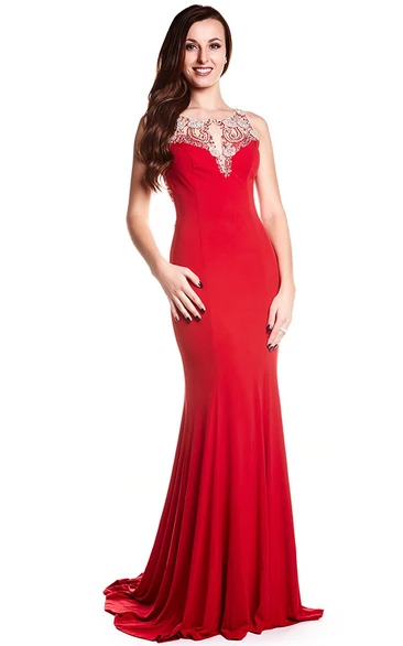 Sleeveless Sheath Chiffon Prom Dress with Beading Scoop Neckline and Brush Train