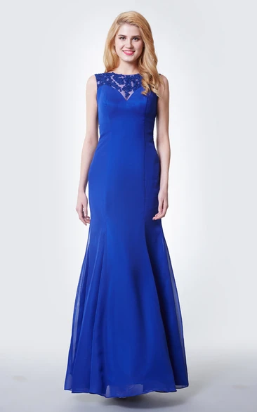 Form-fitted Chiffon Gown with Cap Sleeves Illusion Lace Neck Elegant Modern