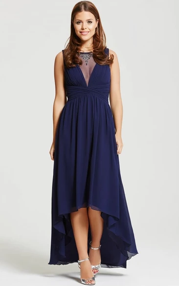 Ruched Bateau Neck Chiffon Bridesmaid Dress With Beading Sleeveless High-Low Unique