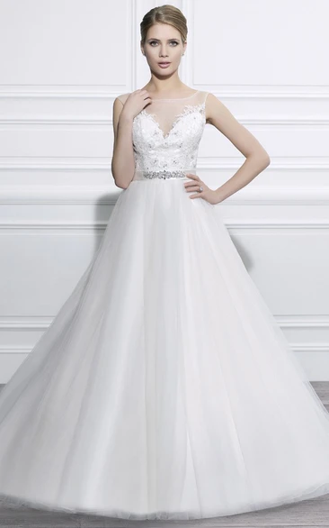 Sleeveless Appliqued Tulle Wedding Dress with Illusion Back and Waist Jewelry Ball Gown Style