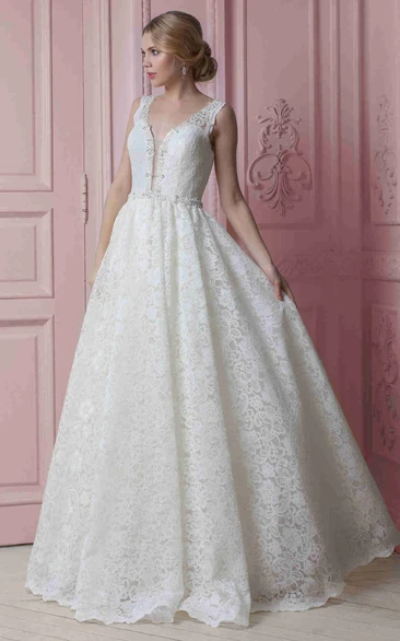 A-Line Lace Wedding Dress with Beading Long Sleeveless Beaded