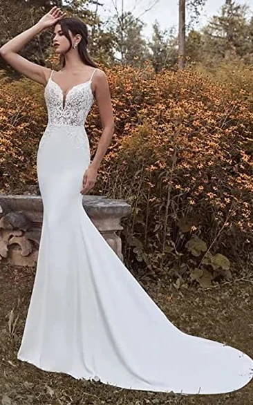 White Sexy Mermaid Beach Boho Wedding Dress Spaghetti Straps Plunging  V-neck Lace - BrideLuLu