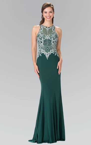 Jewel-Neck Sleeveless Jersey Prom Dress With Beading and Sequins Long Sheath Style