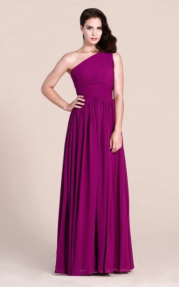 One-Shoulder Chiffon Bridesmaid Dress with Pleats Simple Empire