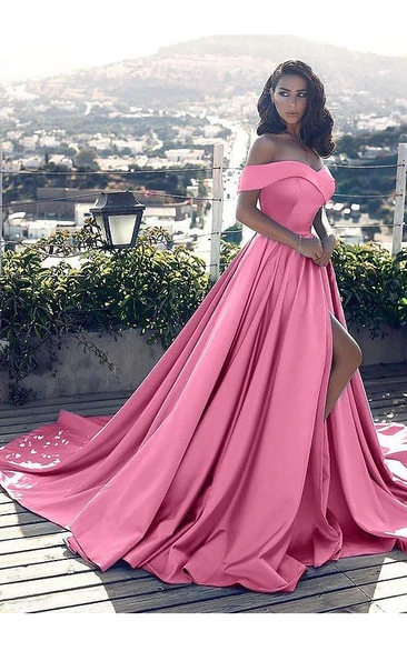 Off-the-Shoulder Satin A-Line Formal Dress with Cap Sleeves and Brush Train