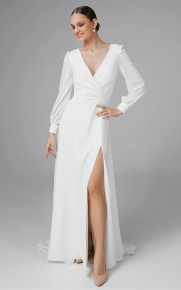 Chiffon A Line Wedding Dress with V-Neckline Split Front and Sweep Train