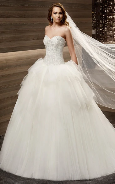 Pleated Sweetheart Wedding Dress with Beaded Corset and Ruffled Skirt