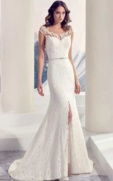 Jeweled Lace Wedding Dress with Split-Front and Floor-Length