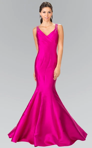 V-Neck Satin Mermaid Dress with Beading and Illusion