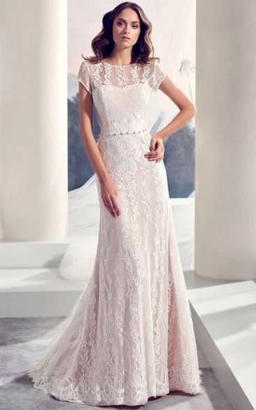 Scoop Cap-Sleeve Lace Wedding Dress with Jeweled Details and Brush Train