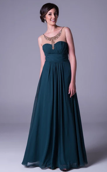 Sleeveless Chiffon Prom Dress with Beaded Ruched Bodice and Long A-Line Skirt