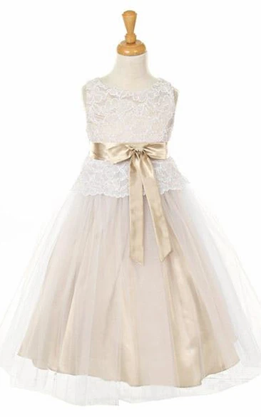 Bowed Tea-Length Tulle&Lace Flower Girl Dress Unique Bridesmaid Dress